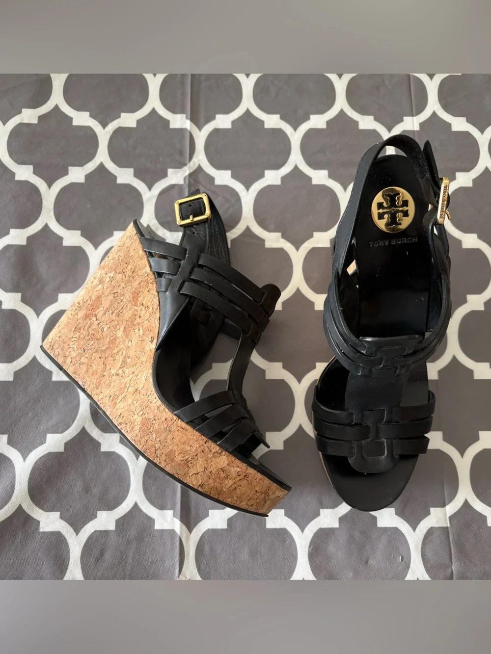Tory Burch Leslie Black Leather Cork Wedge Sandals